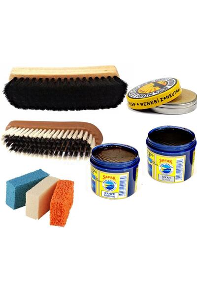 Nuri Leflef Kahverengi Boya Ayakkabı Boyası Bakım Seti Partlatma Fırçası Sünger Siyah Boya 8 Parça