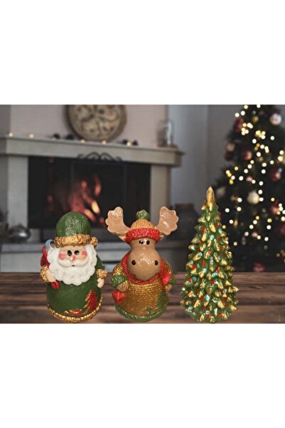AlohamoraShop 3’lü Yılbaşı Noel Baba Geyik Çam Ağacı Biblo Seti