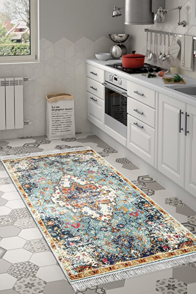 Alanur Home Eko Trend Djt Banyo Paspası Yıkanabilir Kaymaz Taban M12290 Vintage Mavi