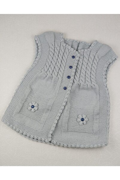 Modasila Kız Çocuğu El Emeği Örgü Yelek Çiçek Motifli Saç Örgülü