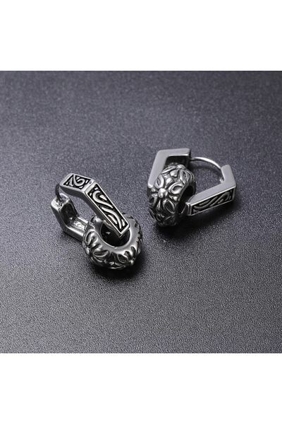 northstarshop Large Antique Design Combination Ring Accessory Snap Hexagon Tribal Men's 316l Steel Earrings Pair