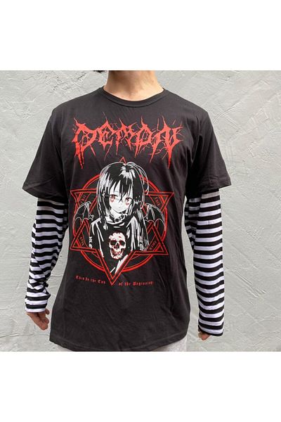 Köstebek Anime Black Harajuku Punk Demon Unisex μπλουζάκι με ριγέ μανίκια