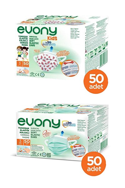 Evony Elastik Kulaklı Kids Maske 50 Adet + Yeşil Elastik Kulaklı Maske 50 Adet