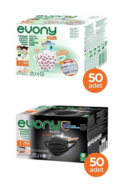 Evony Elastik Kulaklı Kids Maske 50 Adet + Siyah Elastik Kulaklı Maske 50 Adet