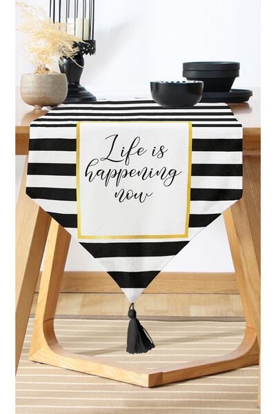 Nish & Royal Black and White Gold Written Modern Decorative Runner