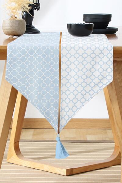 Nish & Royal Blue & White Ogea Patterned Digital Printed Decorative Runner