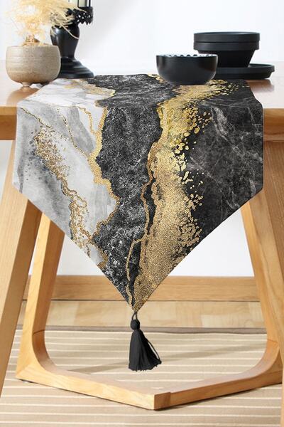 Nish & Royal Modern Black White Gold Marble Motif Digital Printed Runner
