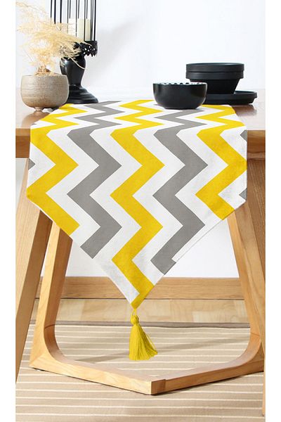 Nish & Royal Yellow White Gray Zigzag Geometric Design Patterned Digital Printed Decorative Runner