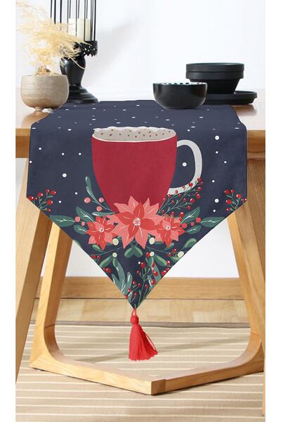 Nish & Royal Dark Blue Background Red Cup Patterned Digital Printed Modern Ru...