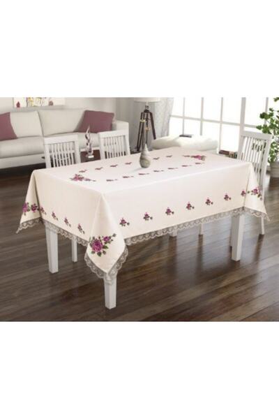 pekars Kanaviçe Baskılı Güpürlü Masa Örtüsü 160 X 220 Mor - Krem Renk
