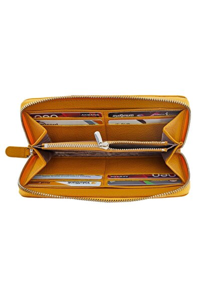 Deriza Nina Hakiki Kadın Deri Cüzdan Hardal