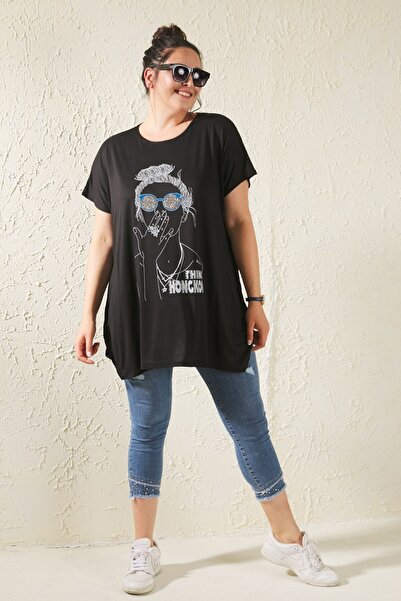 Siyezen Plus Size Casual Girl Figured T-shirt Black