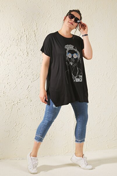 Siyezen Plus Size Casual Girl Figured T-shirt Black