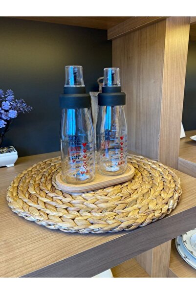 Bayev Glass Oil Bottle Set with Non-Drip Smart Wooden Stand - 450 Ml Red