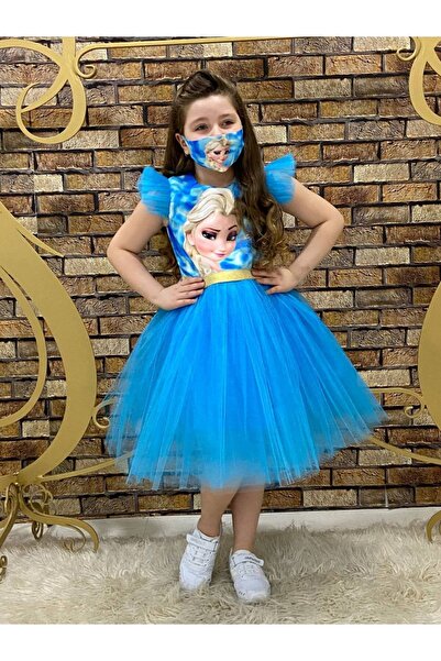Pumpido Mavi Frozen Kız Maskeli Parti Elbisesi