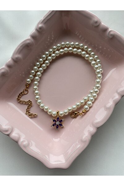 Lani Aksesuar Altın Kaplama Mor Zirkon Çiçekli Inci Kolye