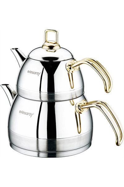 Evimsaray Venus Gold Large Size Steel Teapot S-1324