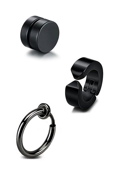 The Collection Unisex Black 3 Pieces Non-Hole Squeezed Magnet Steel Earring Set
