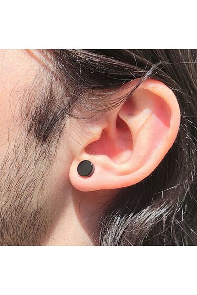 The Collection Black Flat Round Magnet Men's Earrings 8 Mm Magnet Steel Magnetic