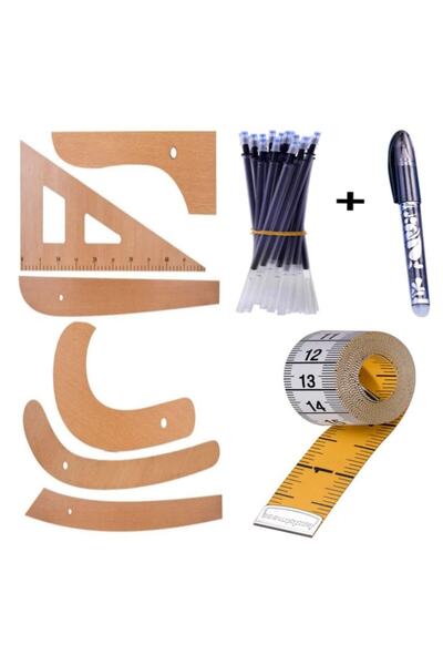 SEVDİK Terzi Ahşap Cetvel Riga Gönye Takımı 6 Parça, Ütü Ile Uçan Kalem Ve Me...