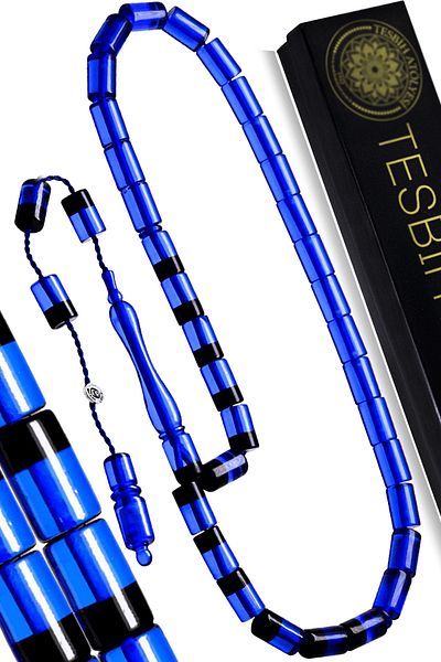 Tesbih Atölyesi Parliament Blue Black Fire Amber Prayer Beads - Certified