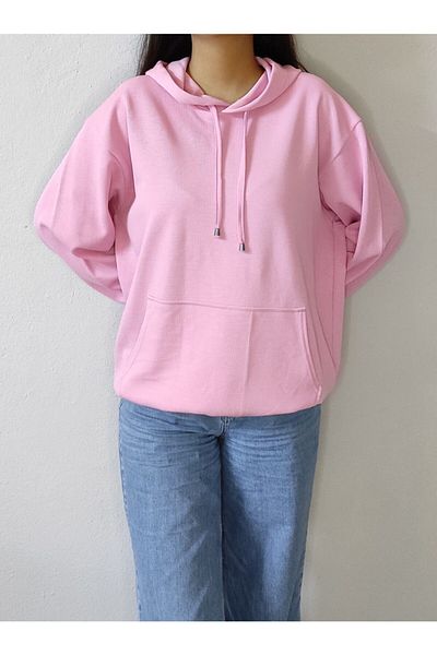 Bomenti Life Women's Powder Pink Ribbed Long Size Oversize Hooded Sweatshirt
