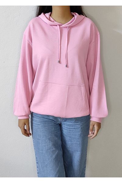 Bomenti Life Women's Powder Pink Ribbed Long Size Oversize Hooded Sweatshirt
