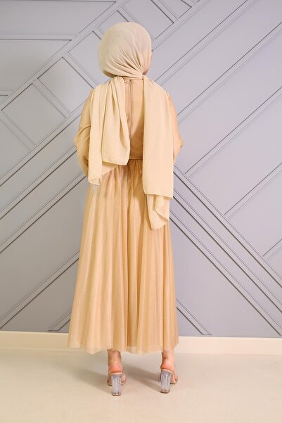 Şule Giyim Simli Beli Kemerli Kolu Lastikli Elbise Gold