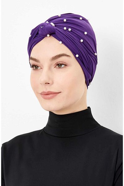 Haşema Purple Wrapped Sea and Pool Cap with Pearl Detail