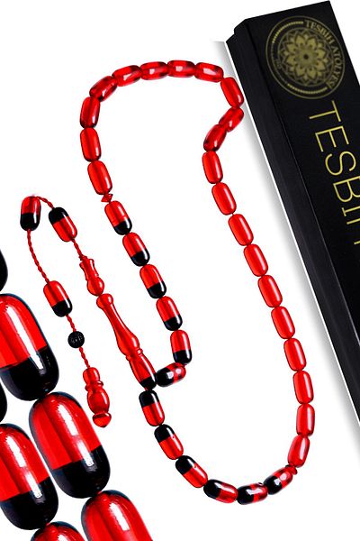 Tesbih Atölyesi Black Red Fire Amber Prayer Beads - Certified and Signature