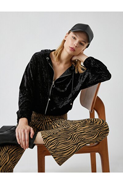 Koton Sweatshirt aus Samt mit Kapuze und Reißverschluss