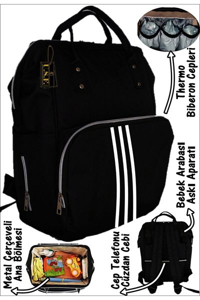 USF Baby Care Bag Mother Baby Care Backpack Black with Vertical Stripes
