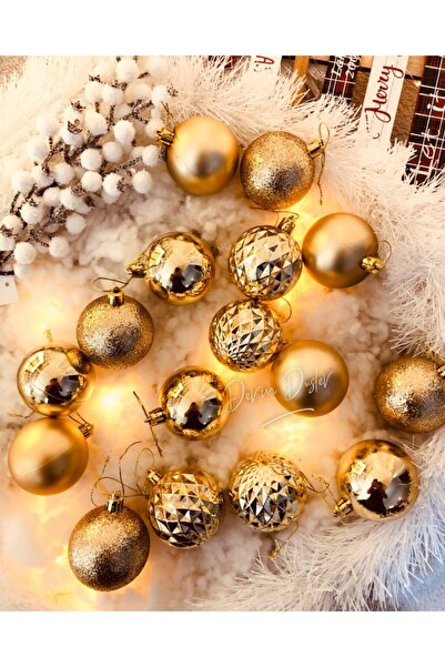 Derin Düşler زخرفة شجرة الصنوبر للعام الجديد، زخرفة كروية ذهبية، 5 سم، 16 قطعة