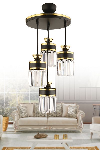KUZEY AYDINLATMA Eylül 4-Piece Pendant Lamp with Crystal Stones Black Yellow Gilt Modern Luxury Chandelier