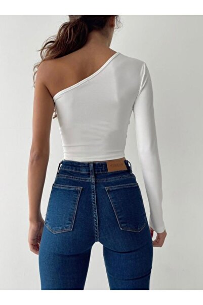 The Base One Shoulder Ecru Scuba Crop Top - Drop Detailed