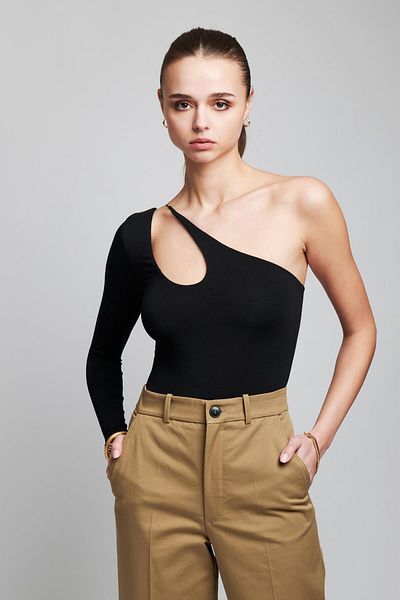IAMNOTBASIC Women's Black Geometric Low-cut, Single Sleeve Cora Bodysuit