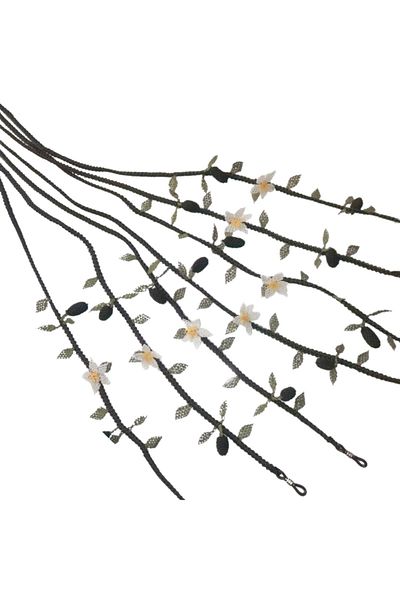 Soma Kadın Atölyesi Somo Women's Olive Glasses Rope Floral Handmade Needle Embroidery 85 cm White-black Women's Jewelry Accessory