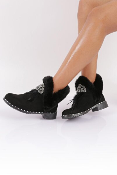 DGN Women's Crystal Stone Buckle Fur Boots Black Suede 323321828102847