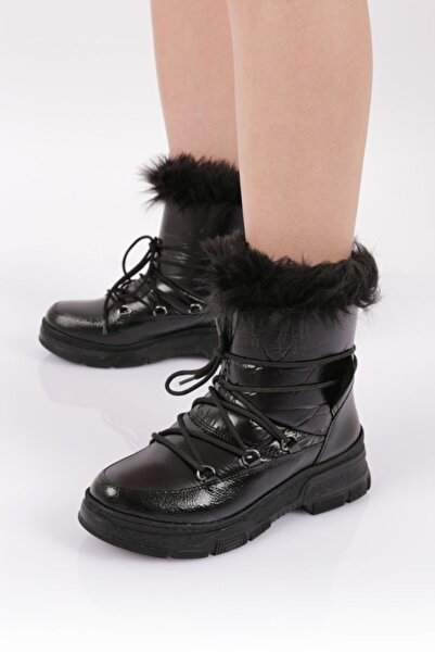 DGN Women's Furry Lace up Boots Black Wrinkled Patent Leather 21682689