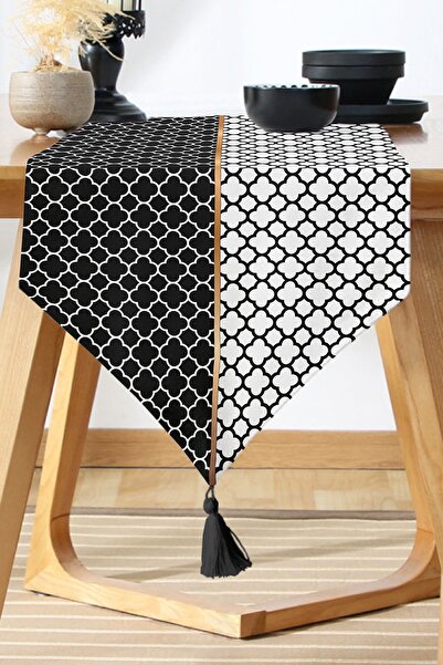 Nish & Royal Black & White Ogea Patterned Digital Printed Decorative Runner