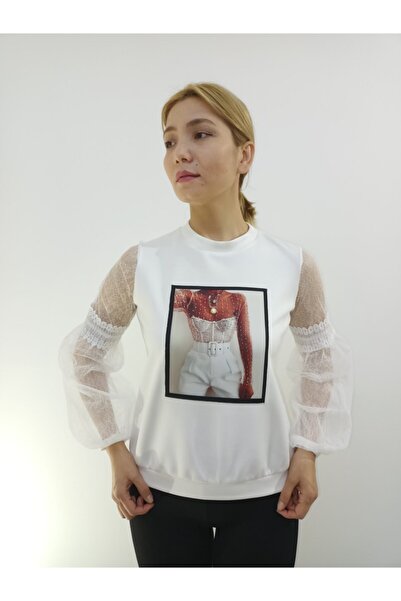 CHERİNA Önü Panolu Kolları Dantel Örme Bayan Bluz