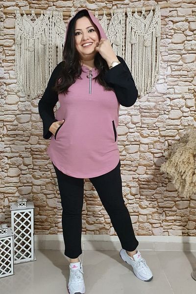 sinemisxxl Hooded Dusty Rose Black Plus Size Suit