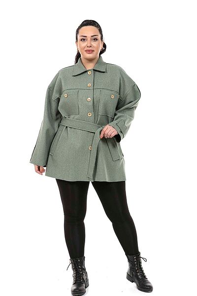 DISENTIS MODEST Plus Size Robe Seitenschlitz Fleto Tasche Gürtel geprägte grüne Jacke