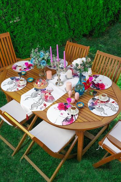 Realhomes 6+1'li Suluboya Çalışmalı Pop-art Kadın Çizimli Supla Runner Seti