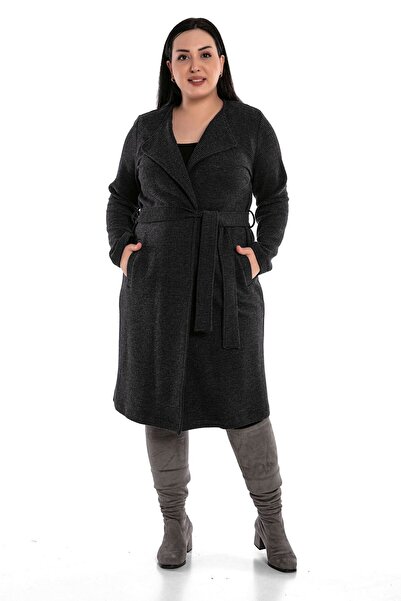 DISENTIS MODEST Cardigan lung Antasit cu buzunare și curea, mărime mare
