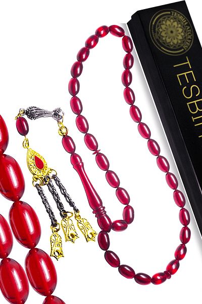 Tesbih Atölyesi Red Colored Solid Cut Fire Amber Rosary
