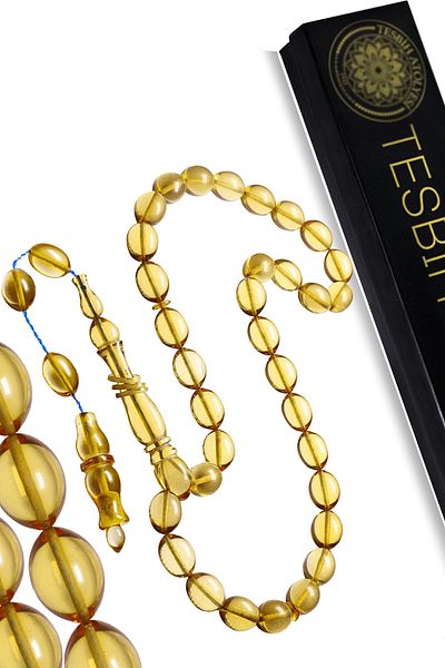 Tesbih Atölyesi Systemed Beyzi Cut Honey Yellow Colored Ring Transparent Fire Amber Prayer Beads