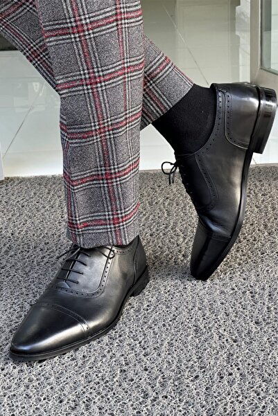 NAZEF Özel Üretim Neolit Taban Bağcıklı Siyah Antik Klasik Ayakkabı