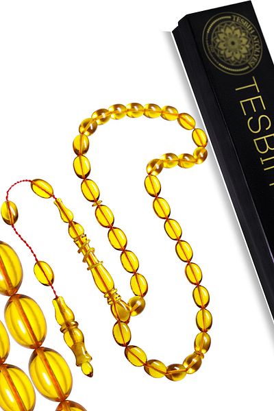 Tesbih Atölyesi Transparent Fire Amber Prayer Beads with Colored Rings and Perforations - Systemed Honey Yellow