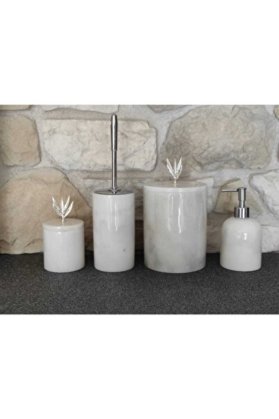 Polen Stone Beyaz Mermer Gümüş Zeytin Dalı Aksesuarlı 4'lü Banyo Seti